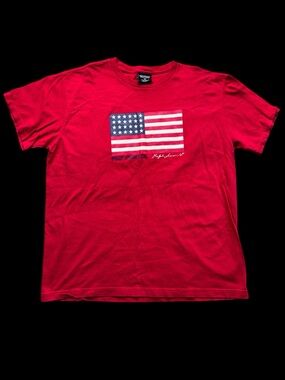 Vintage Polo Jeans Co Ralph Lauren USA Flag T Shirt Men’s Large Red Spell Out